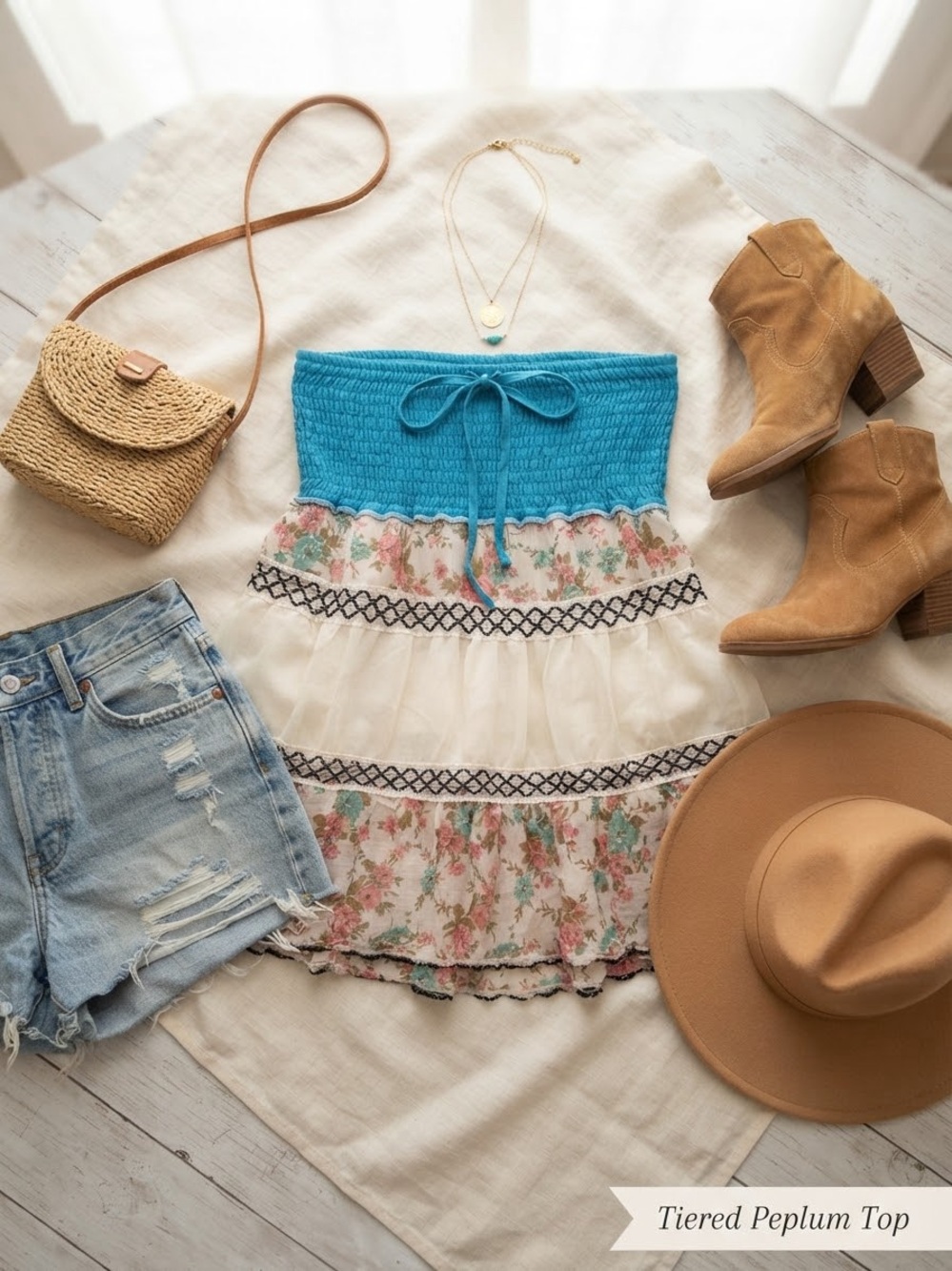 Tiered Peplum Strapless Top with Blue Smocked Bodice
